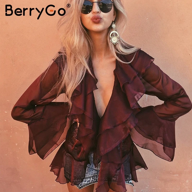 

BerryGo Sexy v neck ruffle chiffon blouse shirt Autumn winter flare sleeve women blouse 2018 Casual lace up streetwear blouse