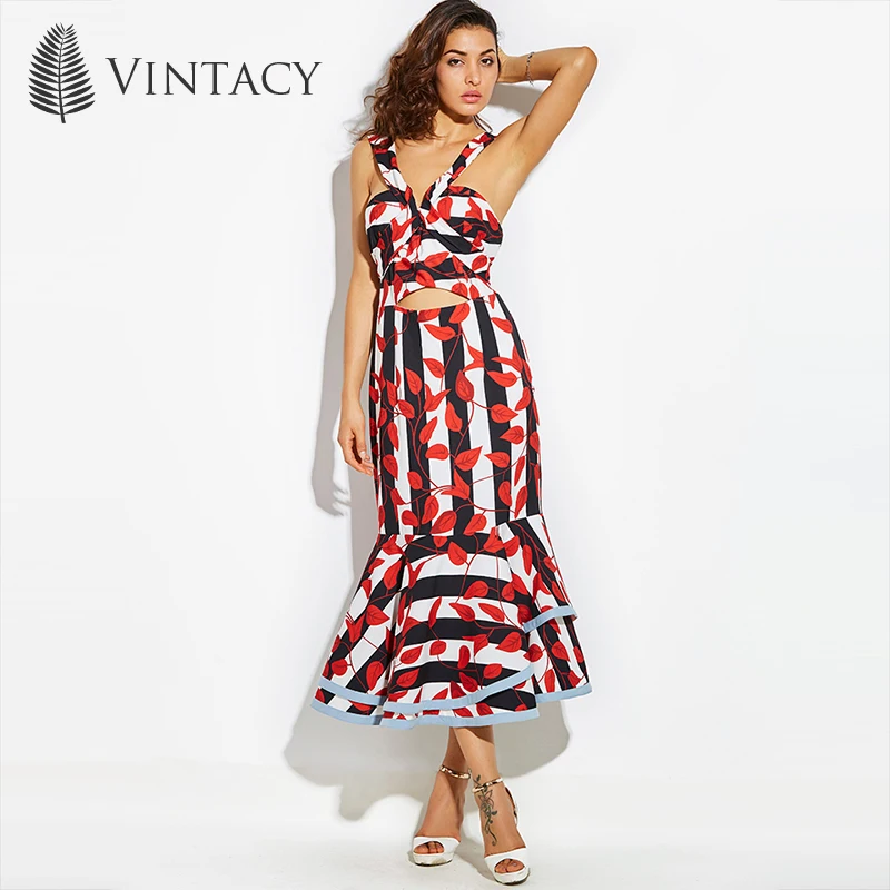 Vintacy 2018 Designer Women Mermaid Maxi Dress Bowknot Red Summer