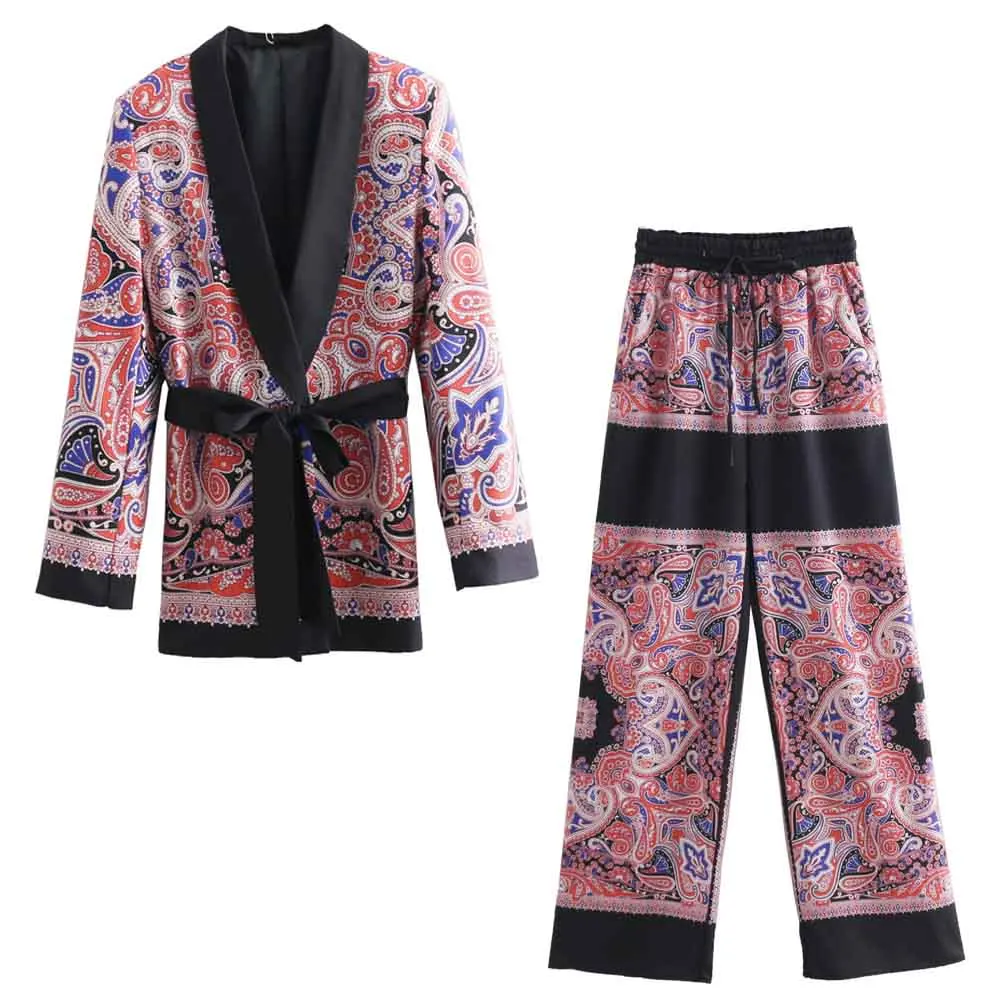 

ANSFX Stylish Cashew Paisley Print Notched Collar Sashes Bow Tied Mid Long Blazer Coat Fashion Suit Outerwear Tops + Pants 1 Set
