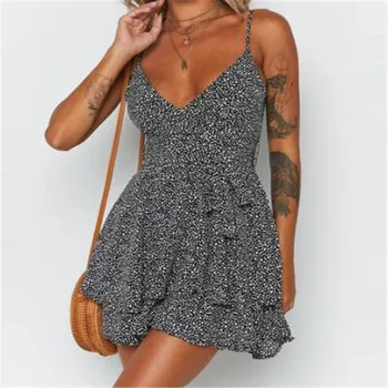 

Women Deep V-Neck Dress Sleeveless Dot Print Cascading Ruffle Bandage Strap Mini Dress Party Casual vestidos verano 2019 Summer
