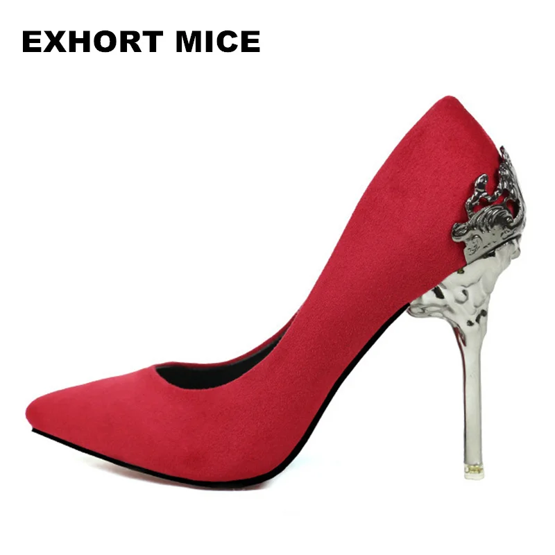 

2019 New Sexy Mental Heel Women Shoes Suede leather High Heels Women Pumps Flower Metal Heel Stiletto 9 colors 10cm
