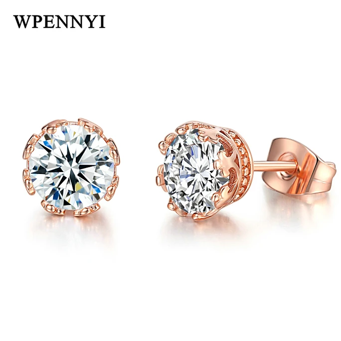 

Romantic Exquisite Crown Style Stud Earrings Rose Gold Color Clear Zirconia Round Prong Luxury Woman Jewelry Wholesale