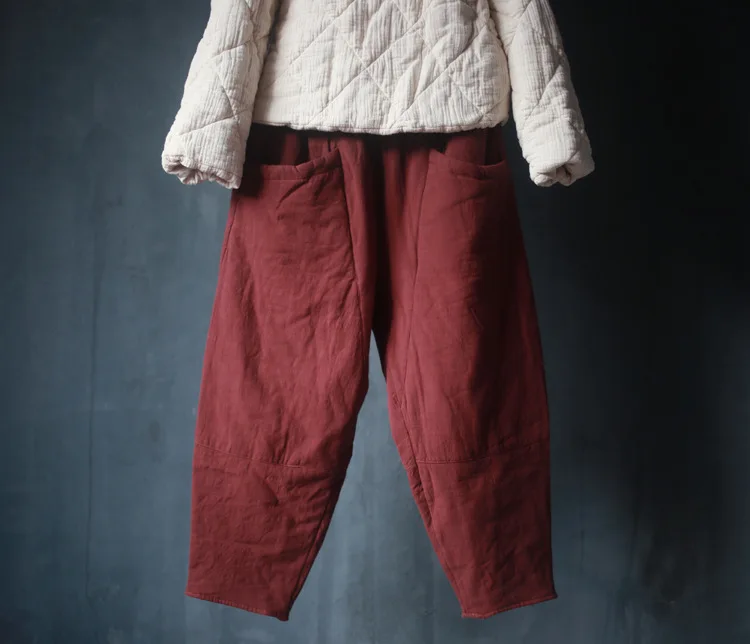 

3 Colors Spring Vintage Loose Thick Dense Women Cotton Linen Harem Pants, Autumn Warm Artistic Plus Size Wine Red Long Trousers