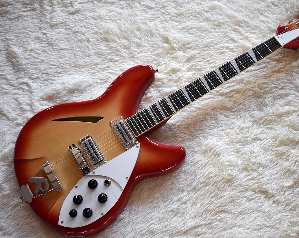 

Factory Custom Semi-Hollow Cherry Sunburst Electric Guitar with 6 Strings,White Pickguard,High Quality,Can be Customized