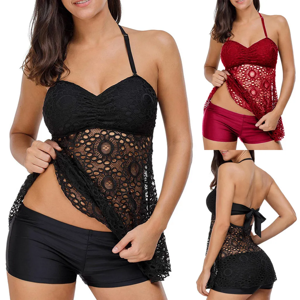 

CHAMSGEND Women's Sexy Hanging neck openwork skirt bikini split swimsuit suit sexy backless beach two-piece swimsuit