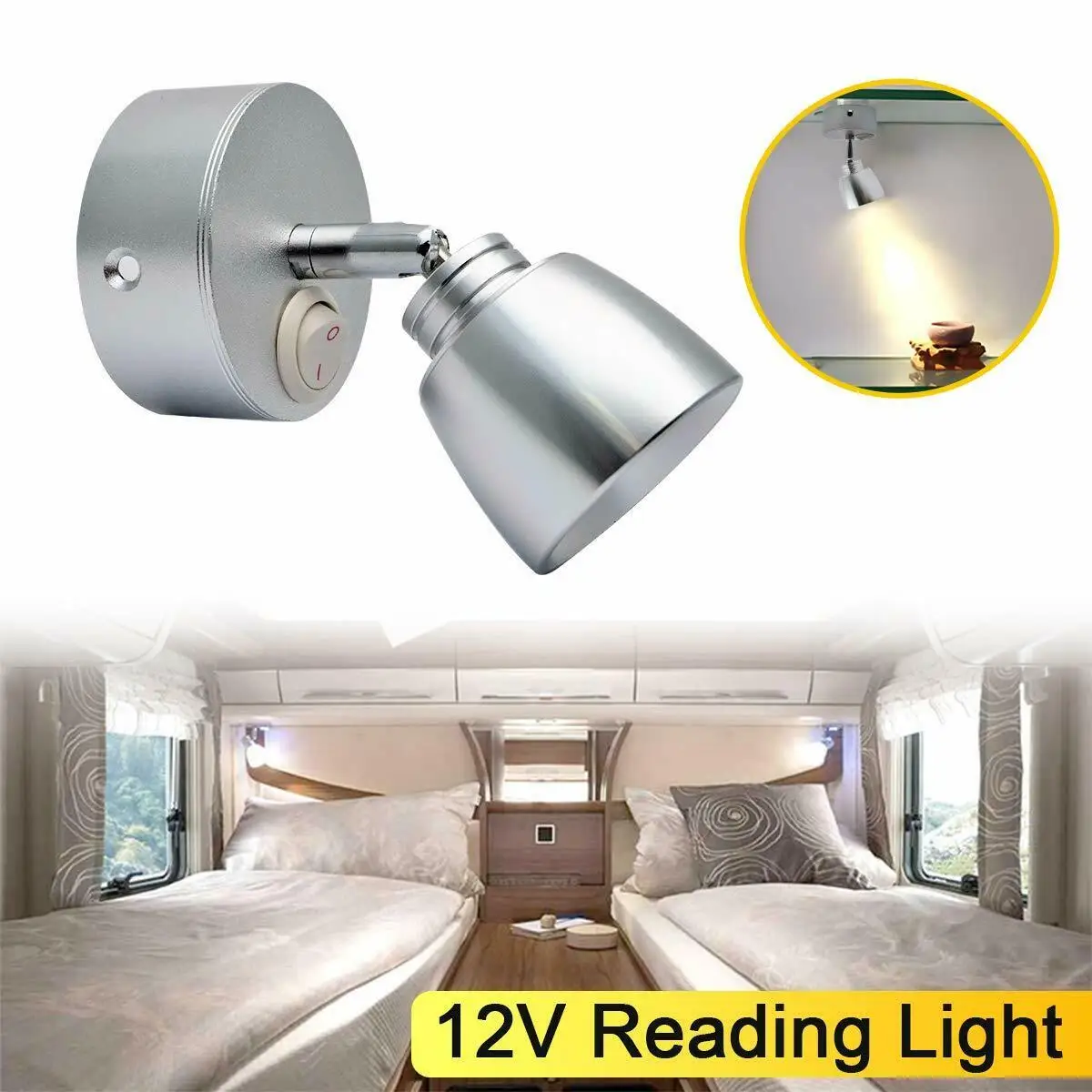 

1X Warm LED Wall Spot Light Ceiling Reading Spotlight Bedside Lamp Switch 12V 3W For Camper RV Van Caravan Boat