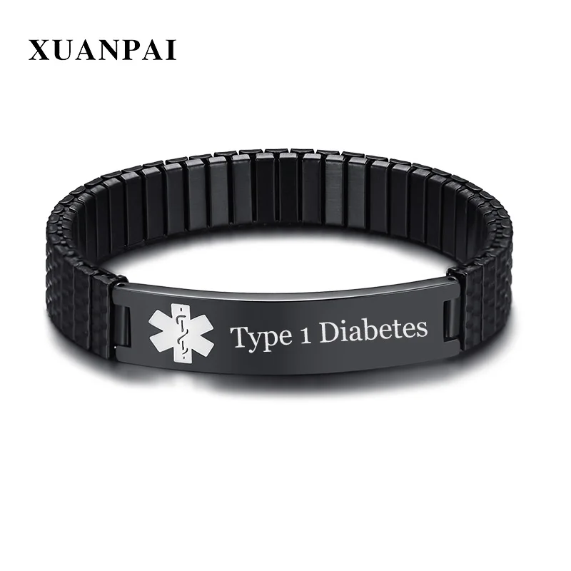 

Free Engraving Customized Type 1 Diabetes Stainless Steel Medical Alert ID Stretch Bracelet for Men and Women Remind Jewelry