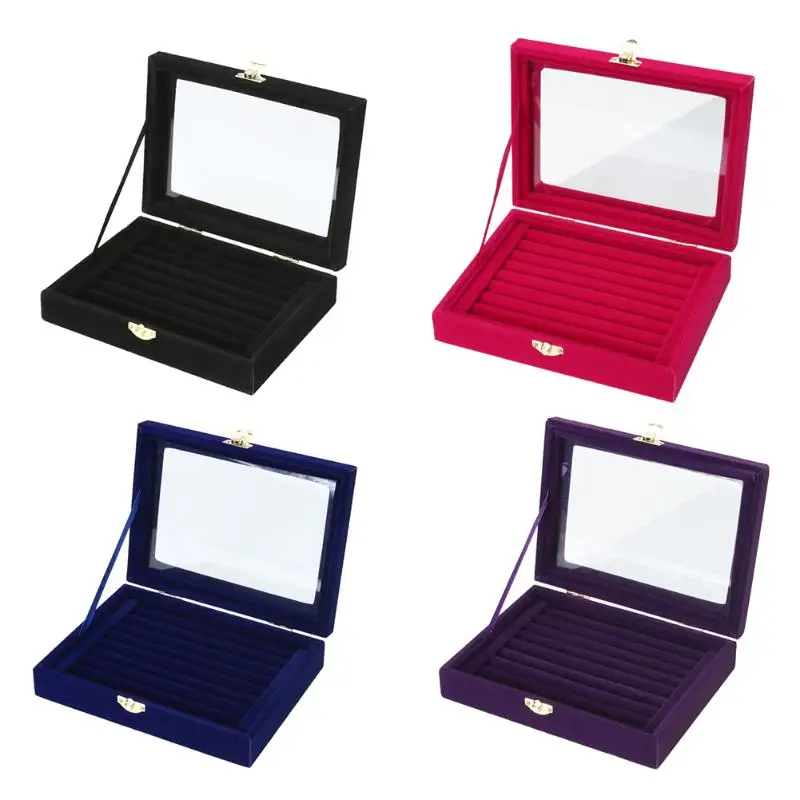 Fashion Ring Earrings Jewelry Box Display Storage Velvet Jewelry Case Casket Glass Cover Jewelry Organizer Holder Rack