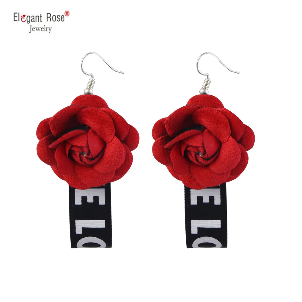 

New Hot Rose Red Dangle Earrings Flower Fabric Letter Love Long Drop Earrings For Women Jewelry Bijoux Gift Pendientes Flecos