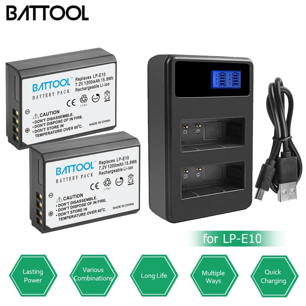 BATTOOL 1200mAh LP E10 LPE10 литий ионная батарея + ЖК двойное зарядное устройство для Canon Rebel T3