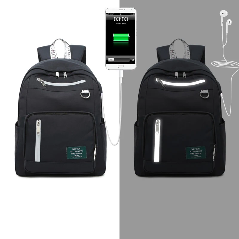 WINNER, новинка, Одноцветный рюкзак с принтом, зарядка через usb, женский рюкзак для путешествий, рюкзак для ноутбука, школьный рюкзак для девочек-подростков - Цвет: black