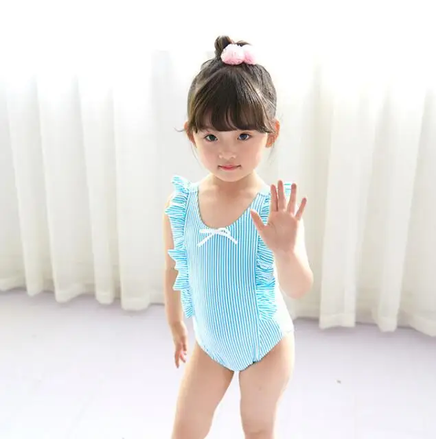 Новейшая Милая купальная одежда для маленьких девочек, Цельный Детский купальник для девочек, детский купальный костюм для плавания, Детский бикини с завязками на спине для девочек - Цвет: 7-8years Blue