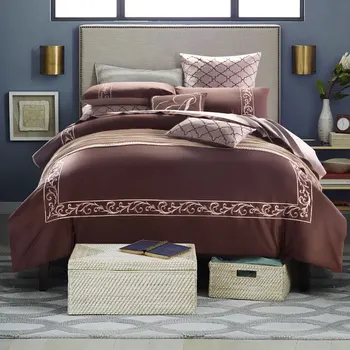 

Elegant embroidery Egyptian Cotton Bedding Set Queen & King Size Solid White Brown Duvet Cover Flat Bed Sheets Home Textile Sets
