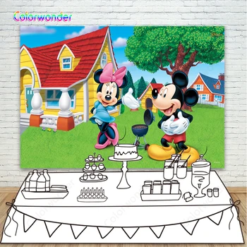 

Kids Background for Photoraphy Mickey Mouse with Minnie Having Barbecue on the Garden 7x5ft Wooden House for Birthday Backdrops
