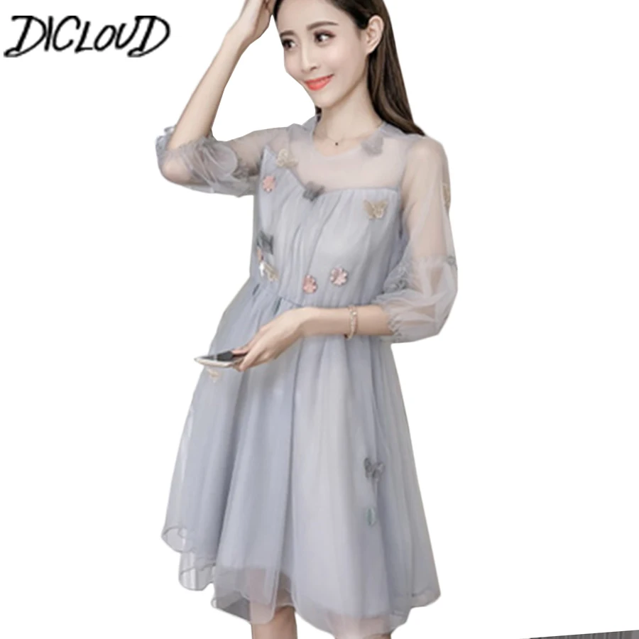 

DICLOUD Harajuku Long Sleeve Mesh Elegant Dress Women 2018 Round Neck Flower Retro Dress Female Plus Size Summer Dresses 4XL