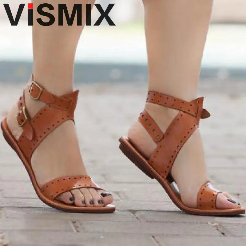 

2018 New Leather Gladiator Sandals Women Rivets Patchwork Flat Heels Shoes Summer Sandals Women Shoes