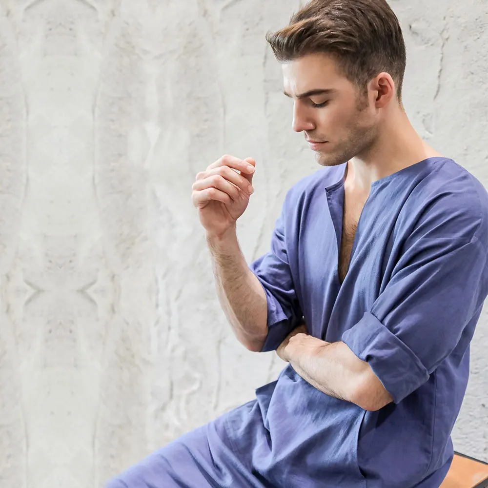 Haseil Mens V-Neck Kaftan Robe Roll Up Long Sleeve Line Solid Long Gown Side Split Thobe
