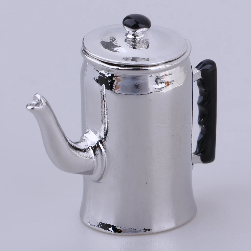 Dollhouse Miniature Alloy Milk Kettle Teapot Mini Water Kettle Dinning Room Tableware 1/12 Ornament - Silver