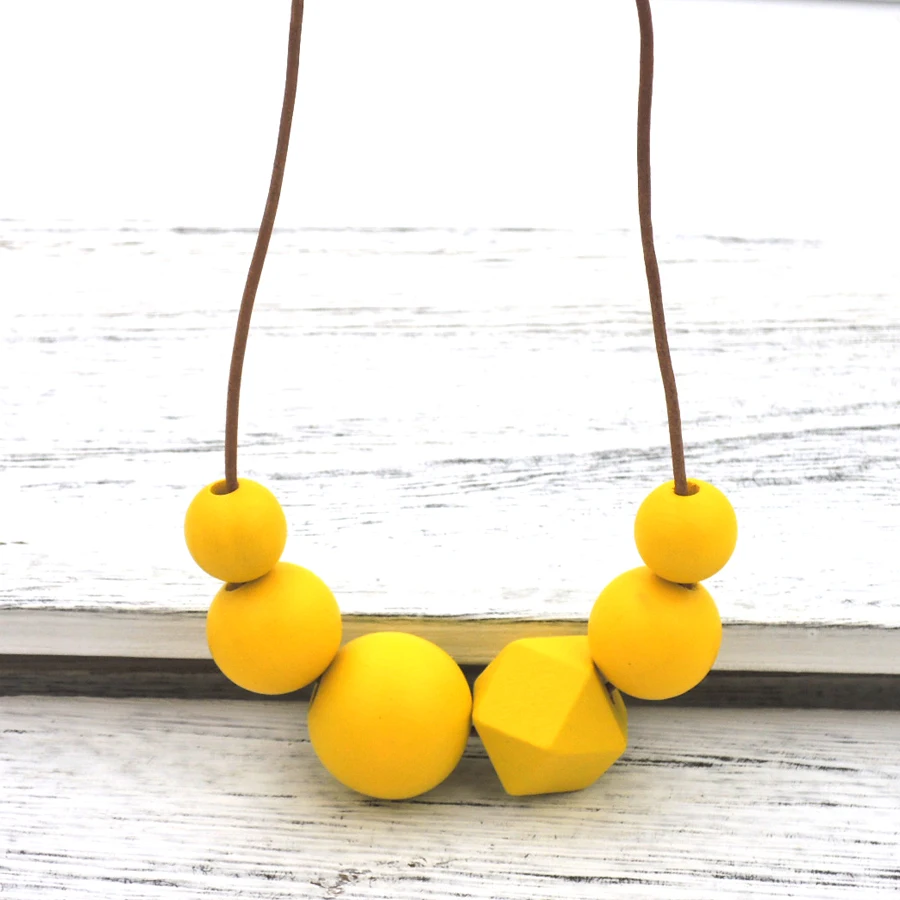 Серое желтое асимметричное деревянное геометрическое ожерелье с бисером milimalist заявление кожаный шнур каждый день Длинная веревка NW721