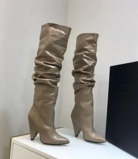 BuonoScarpe Leather Knee High Boots Woman Pointed Toe Strange High Heel Shoes Women Chic Spike Heel Long Pleated Boots New - Цвет: khaki