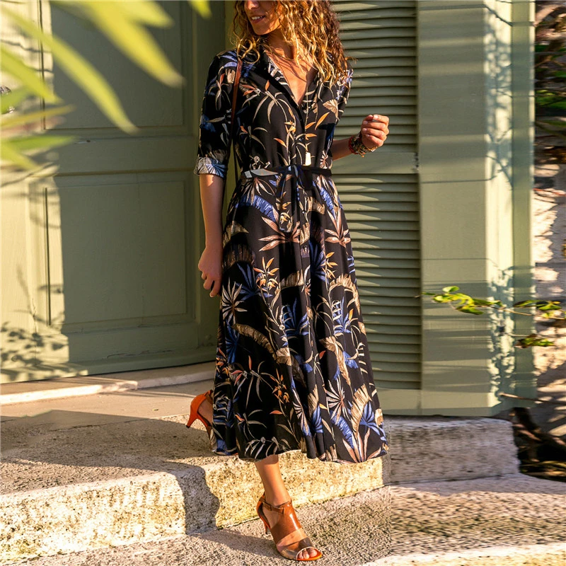 Aachoae Summer Long Dress Women Floral Print Boho Dress Long Sleeve Turn Down Collar Shirt Dress Ladies Casual Dresses Vestidos