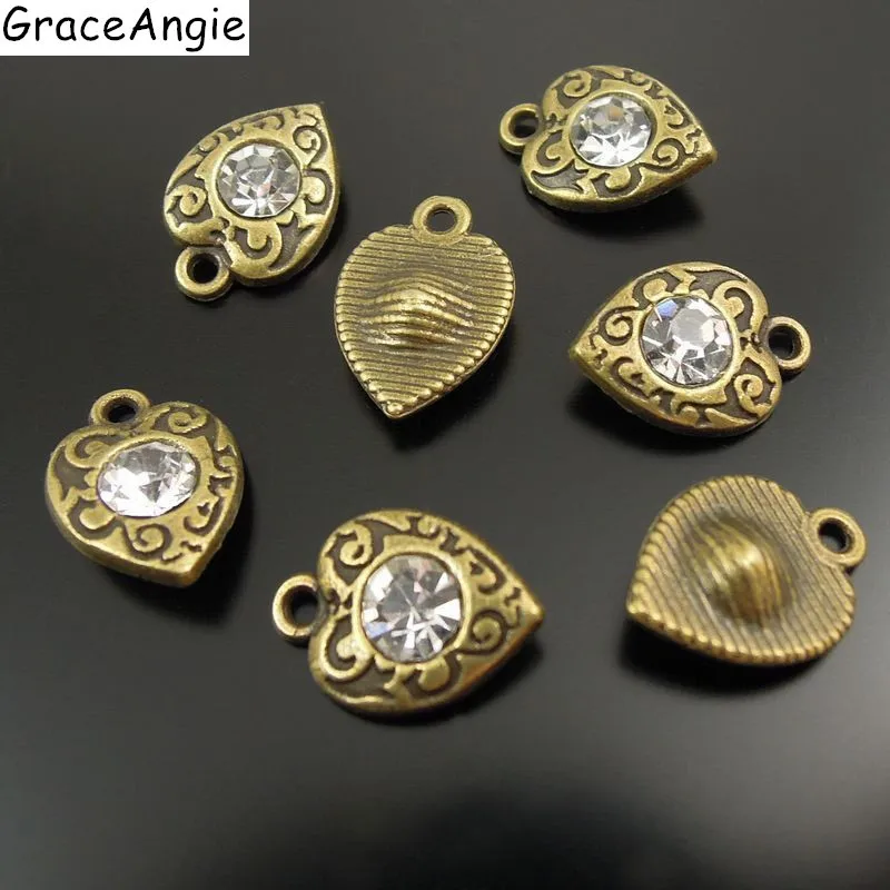 

10pcs/pack Vintage Jewelry Antique Style Bronze Tone Hearts Rhinestone Charms Necklace Pendant 11*9*3mm Elegant Women AU37390