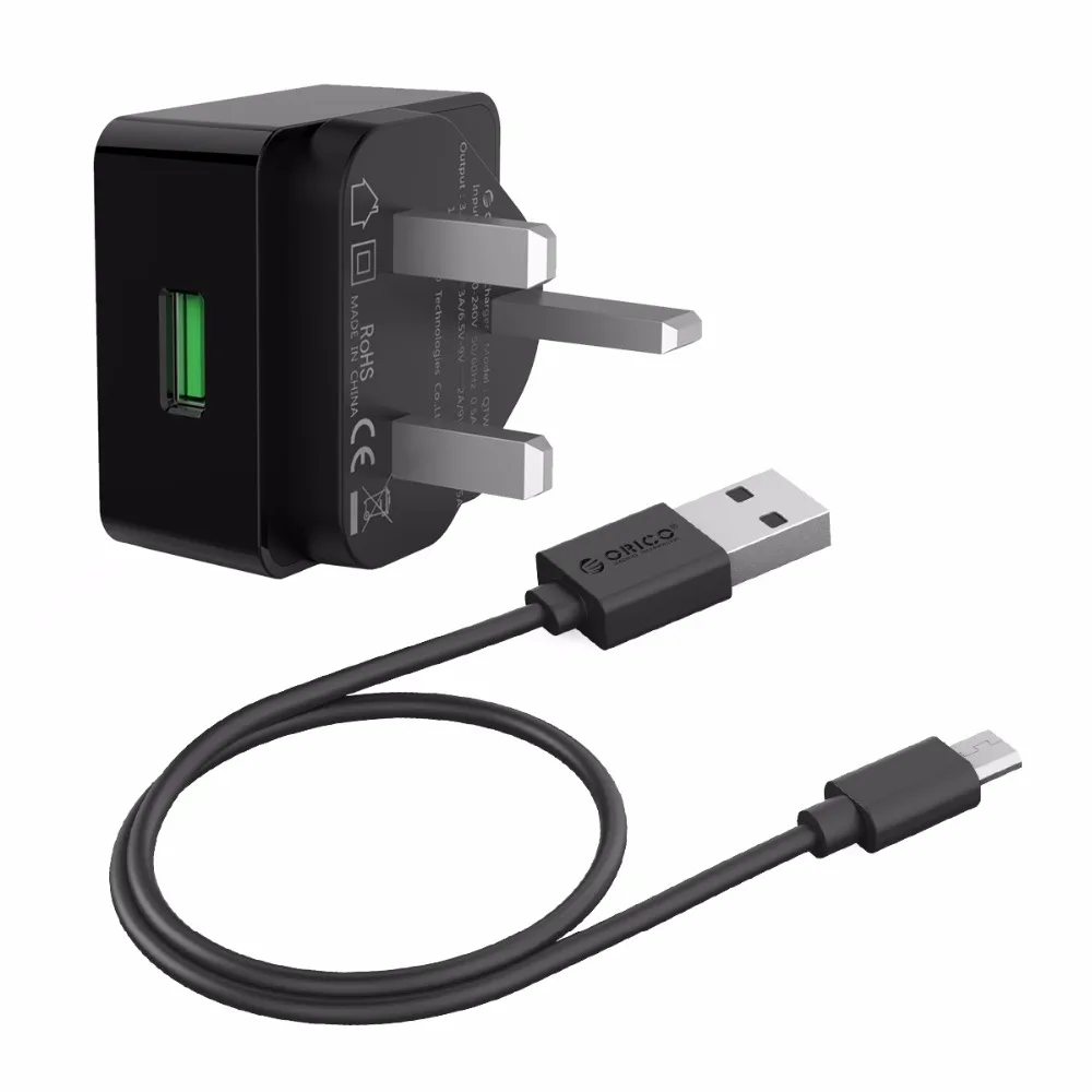 ORICO QC зарядное устройство для телефона Quick Charge 3,0 18 Вт Быстрое USB зарядное устройство для iPhone XS samsung S10+ Xiaomi huawei с бесплатным микро USB кабелем