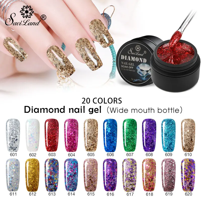 

Saviland Glitter Brilliant 3D Diamond 20 Color Gold Sequins Gel Varnish Soak Off Nail Art Professional UV Gel Nail Polish