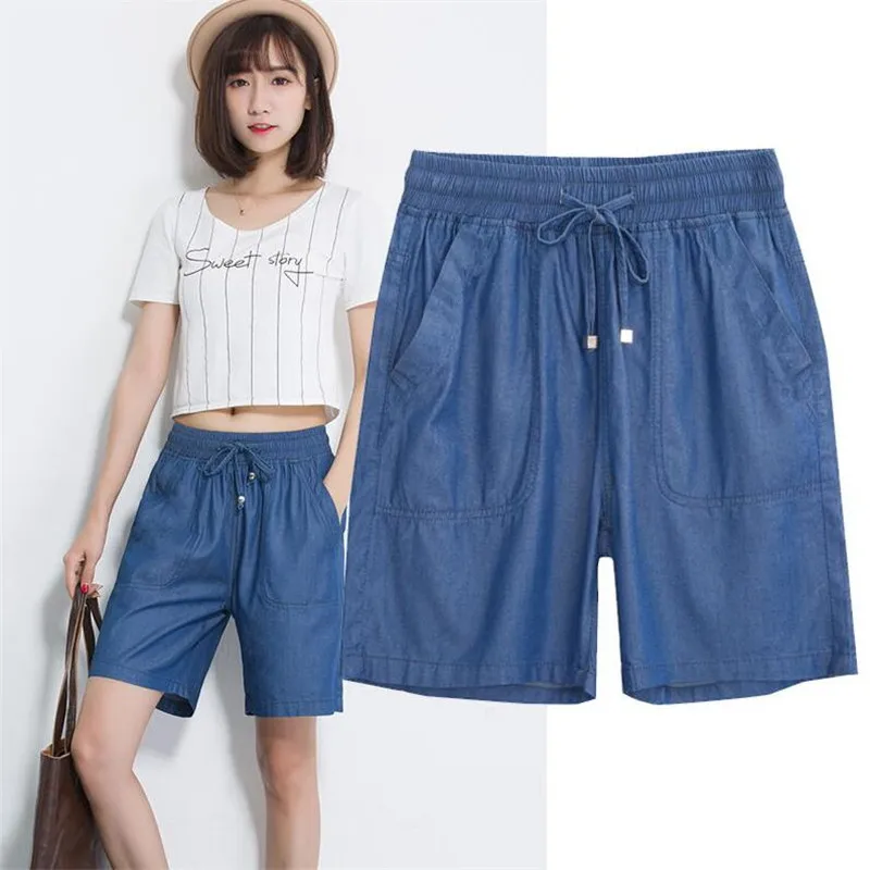 

2019 Women Elastic High Waist Shorts Fashion Feminino Denim Shorts for Women Loose Straight Girls Blue Short Jeans Plus SIze 7XL