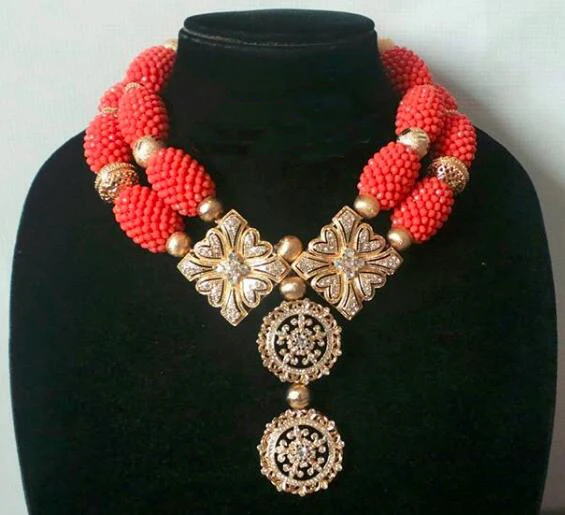 Elegant Coral and Gold Wedding Beads African Jewelry Sets Indian Bridal Crystal Necklace Set Gold Pendant Elegant Coral and Gold Wedding Beads African Jewelry Sets Indian Bridal Crystal Necklace Set Gold Pendant Jewelry Women WE184