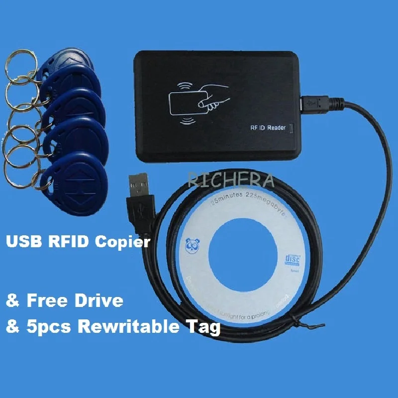 USB 125khz RFID Read Writer Duplicator Copier Duplicate Compatible EM4100 EM4305 T5577 Rewritable Card 5pcs Writable