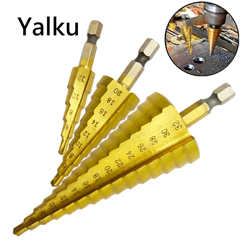 

Yalku 4-32 mm HSS Titanium Coated Step Drill Bit Power Tools for Metal High Speed Steel Wood Hole Cutter Step Cone Drill