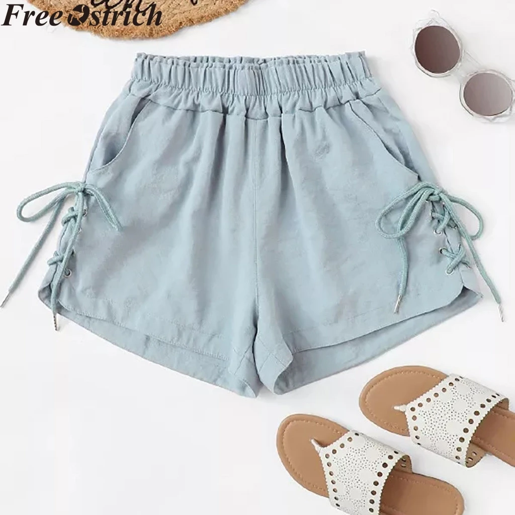 

Ladies Summer Loose Casual Shorts Sports Strap Solid Color Pocket female Strap Daily High Waist Plus size Ladies Fashion short
