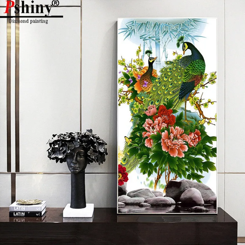 

PSHINY DIY 5D diamond embroidery sale green peacock picture full drill square rhinestone mosaic diamond paintings from crystals