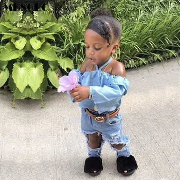 

MESOLO 2019 INS spring girl cowboy suit a word shoulder garment denim trousers two piece of the girls
