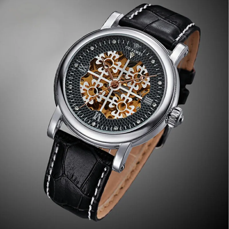 

Hot Sale OUYAWEI leather Band Sport watch Top Brand skeleton Luxury White watch women Mechanical Wristwatches Gold Gifts clock