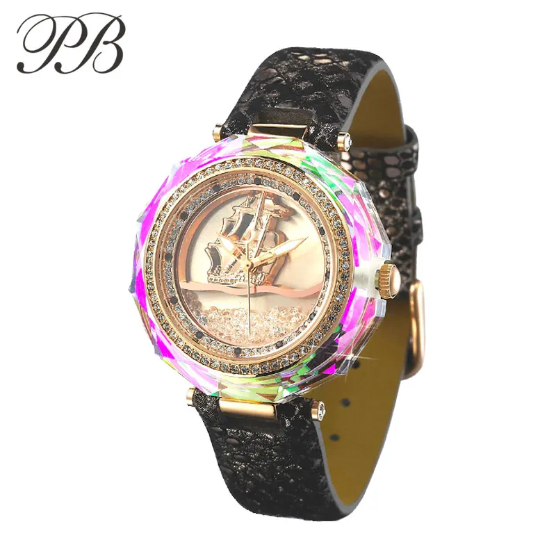 PB Princess Butterfly clock Бренд Зыбучие Пески и Парусный Циферблат часы женские наручные Кристалл Роскошный Цвет Радуги Кварц Кожа - Цвет: HL574PC