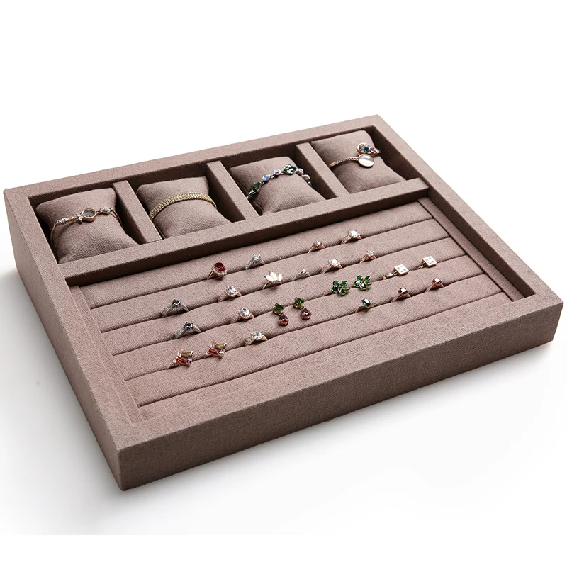 

wooden coffee color linen ring and bracelet trays 4 slots bracelet or bangle jewelry display storage pillow trays GD2278