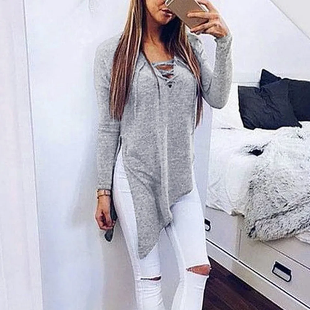 

Women Long Sleeves Pure Color Forking Bandage Irregular Tops Loose Long sleeve cross straps with split t-shirt