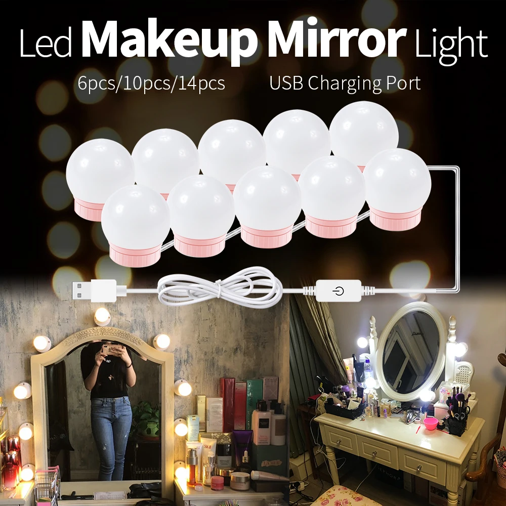 CanLing макияж настенное зеркало с подсветкой Led 12 В голливудское косметическое зеркало 10 14 лампочек комплект туалетный столик с регулируемой яркостью ванная комната Косметическая лампа
