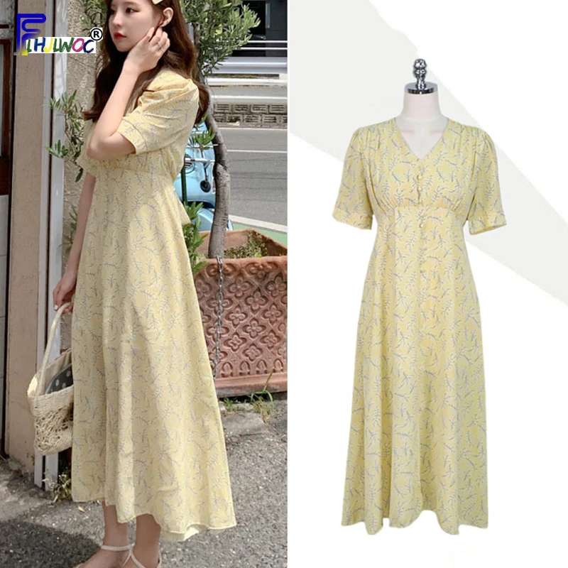 

A Line Dresses Summer Woman Holiday Date Cute Sweet Korean Style Design Clothes Button V Neck Yellow Chiffon Dress long