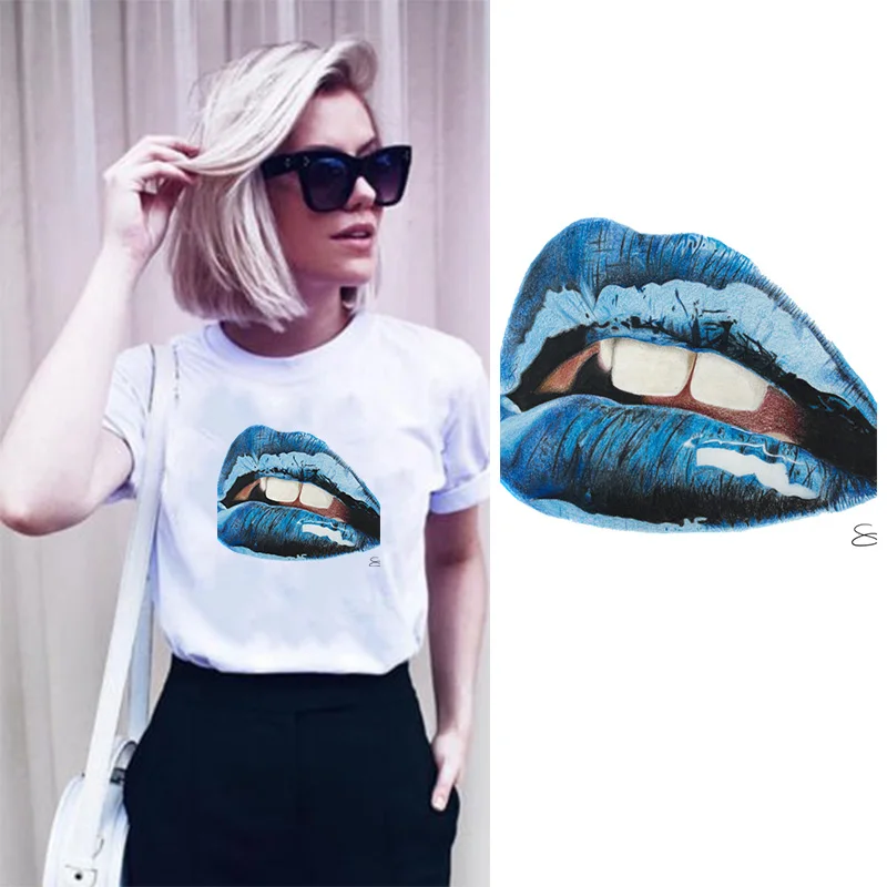 

Dark Blue Lips Ironing on Heat Transfer A-level Washable Patches Stickers for Clothes T-shirts DIY Appliques Wholesale Patches