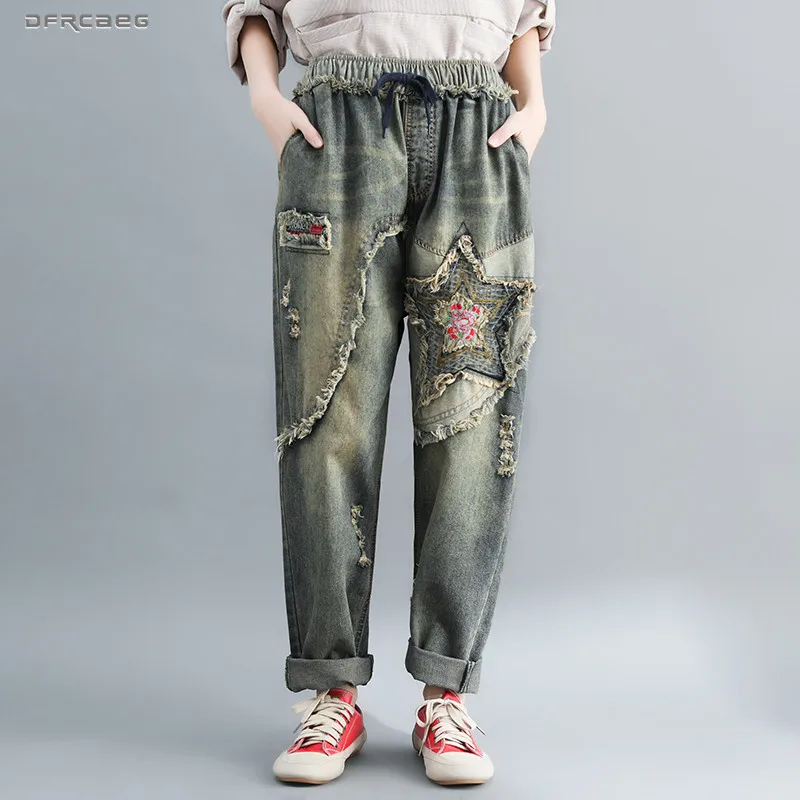 Женские ковбойские джинсовые брюки с эластичной талией, осенние свободные винтажные джинсовые штаны-шаровары длиной до щиколотки с вышивкой для женщин