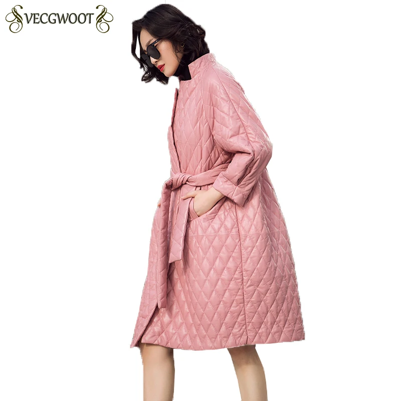 Genuine Leather Coat Women 2019 New Sheep Skin Windbreaker Belt Loose Leather Coat Plus Cotton Warm Coats Autumn Winter HP344