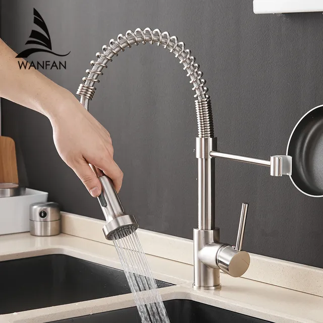 Special Offers Kitchen Faucets Brush Brass Faucets for Kitchen Sink  Single Lever Pull Out Spring Spout Mixers Tap Hot Cold Water Crane 9009