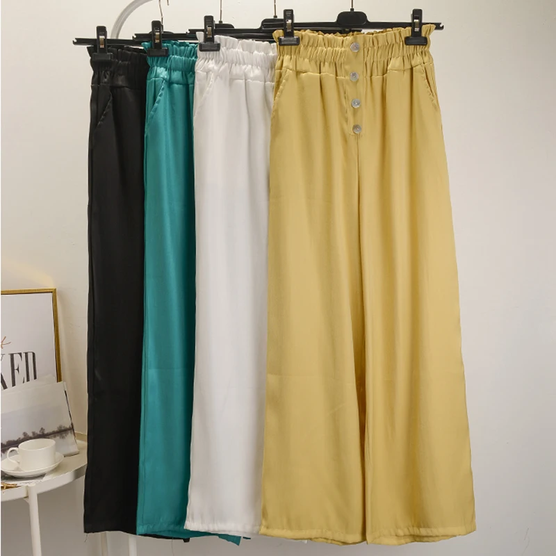 

Shintimes 2019 Summer Autumn Chiffon Wide Leg High Waist Women Pants Casual Office Button Loose Ankle-Length Ladies Solid Pants
