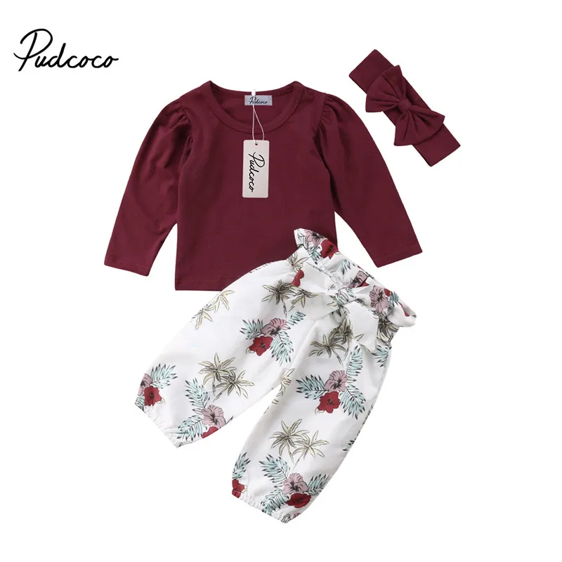 Одежда для новорожденных девочек футболки с длинными рукавами винно-красного цвета Топы, штаны с цветочным принтом повязка на голову, 3