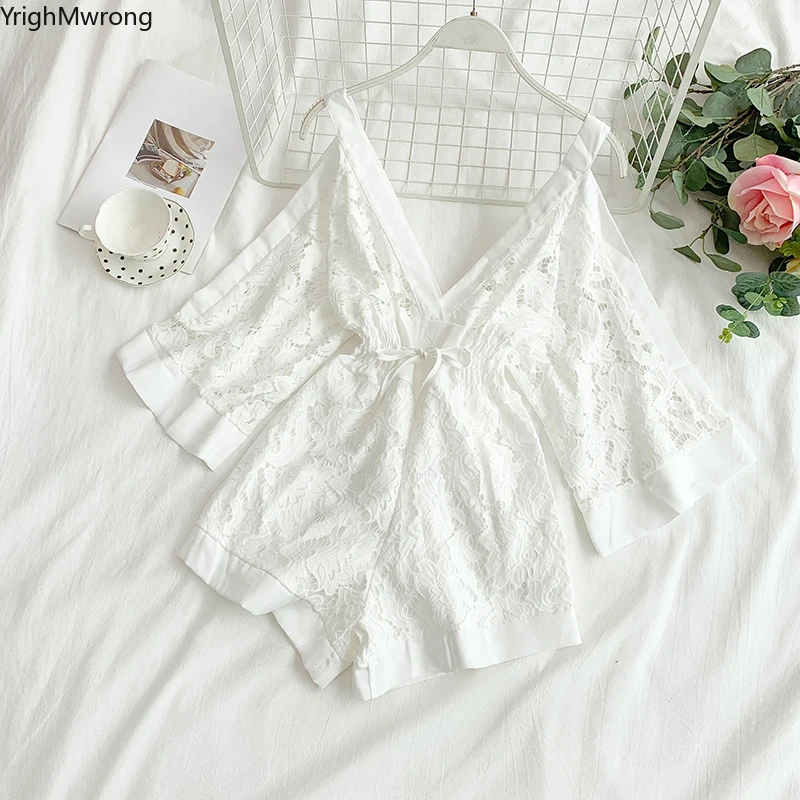 

Ribbon String Adjustable Tie Bow High Waist Sexy V-Neck Cut Off Shoulder Embroidery Lace Jumpsuit Playsuit Romper Overalls Top