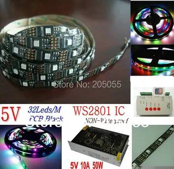 

5M WS2801 Digital Addressable RGB LED magic Color Strip 32LED/M Pixel 5V PCB Black Non-waterproof+SD CARD controller+Power suppl