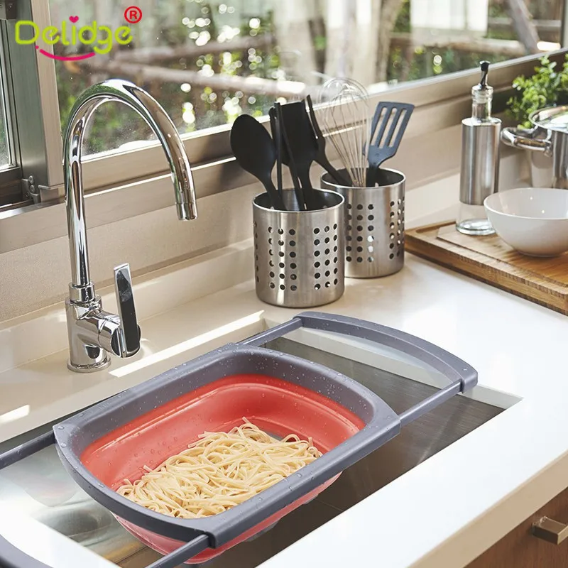 

Delidge Foldable Silicone Drain Basket With Stretch Handle Adjustable Kitchen Colander Vegetable Fruits Washing Strainer Tool